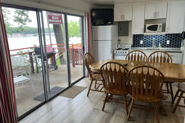 View of the dining area and kitchen in the main room